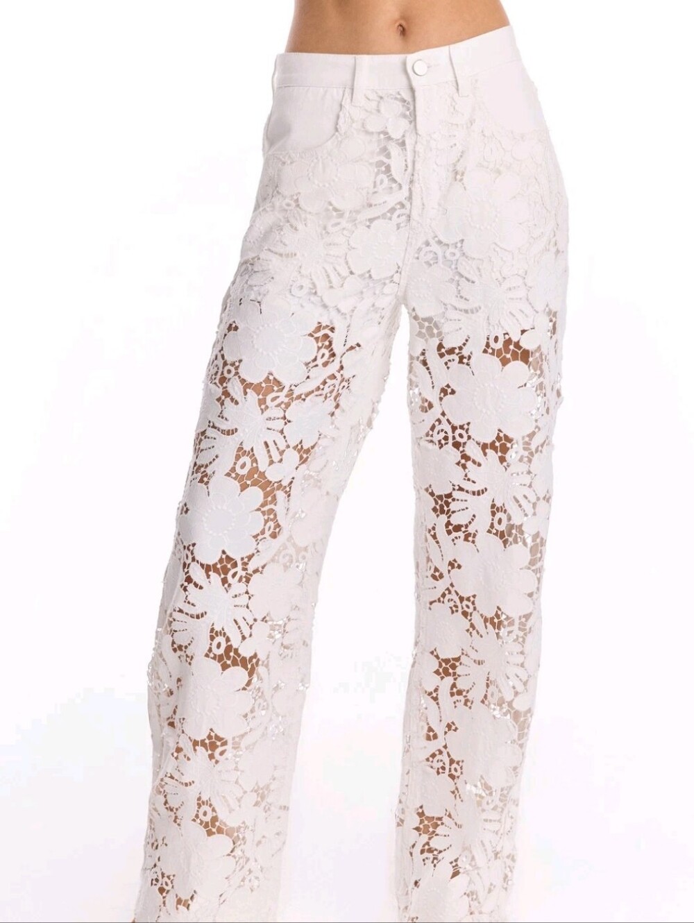 Noli Celeste High Rise Jeans White Floral Crochet Wide-Leg Jeans